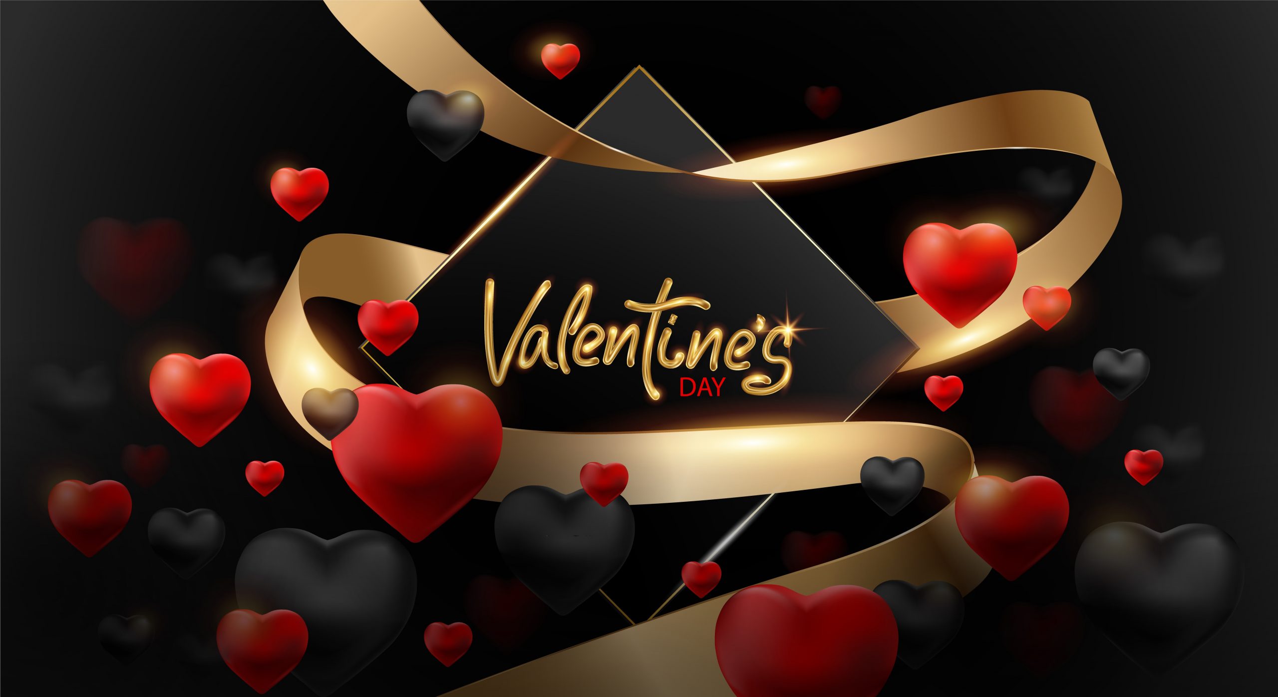 Black Valentine&rsquo;s Day background with 3d hearts in red and black